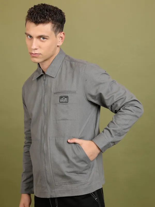 Highlander Men Grey Solid Open Front Jacket