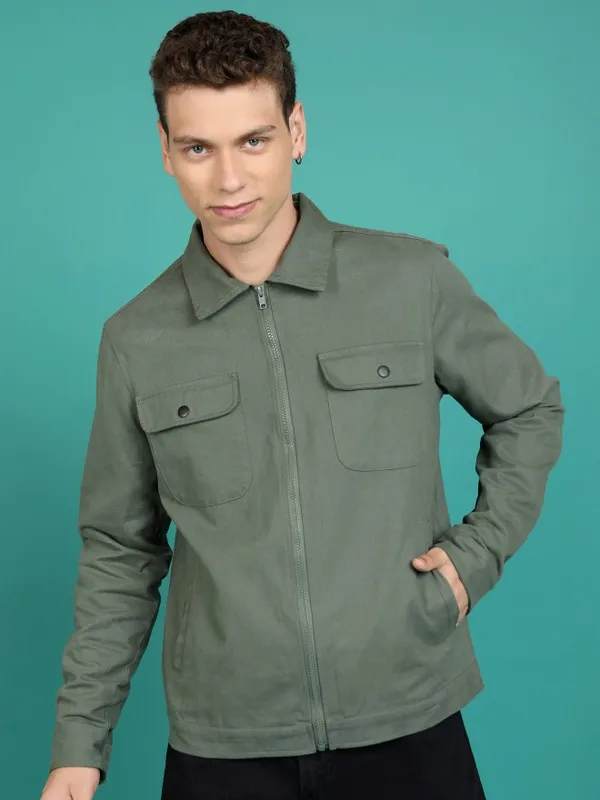 Highlander Men Olive Solid Open Front Jacket