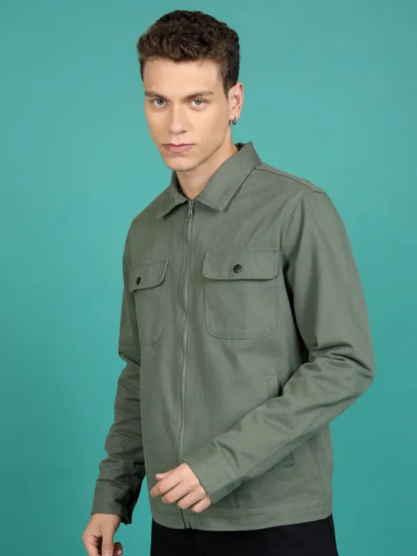 Highlander Men Olive Solid Open Front Jacket