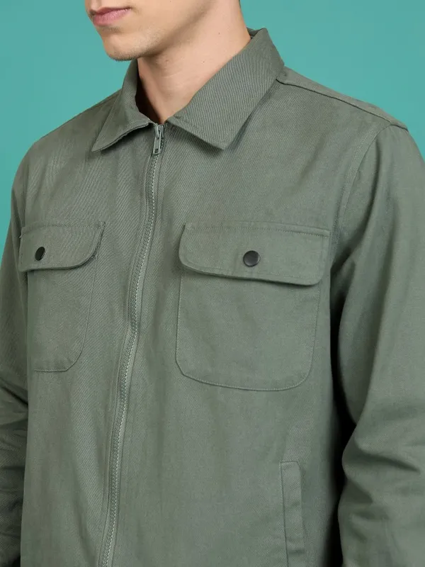 Highlander Men Olive Solid Open Front Jacket