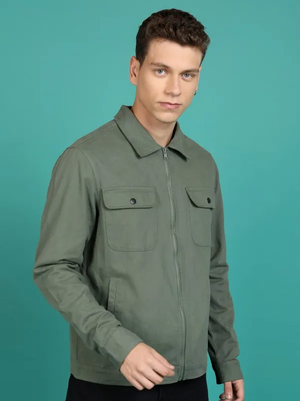Highlander Men Olive Solid Open Front Jacket