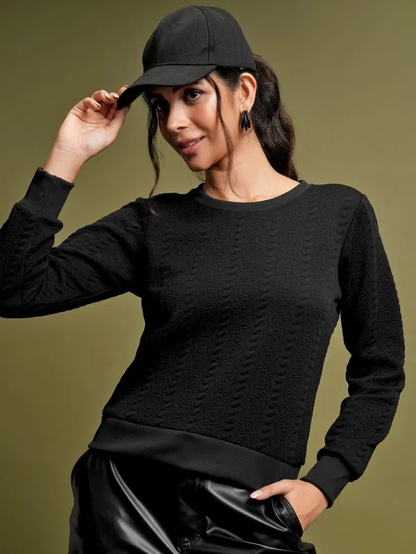  Tokyo Talkies Women Black Self Design Pullover Round Neck Sweatshirts