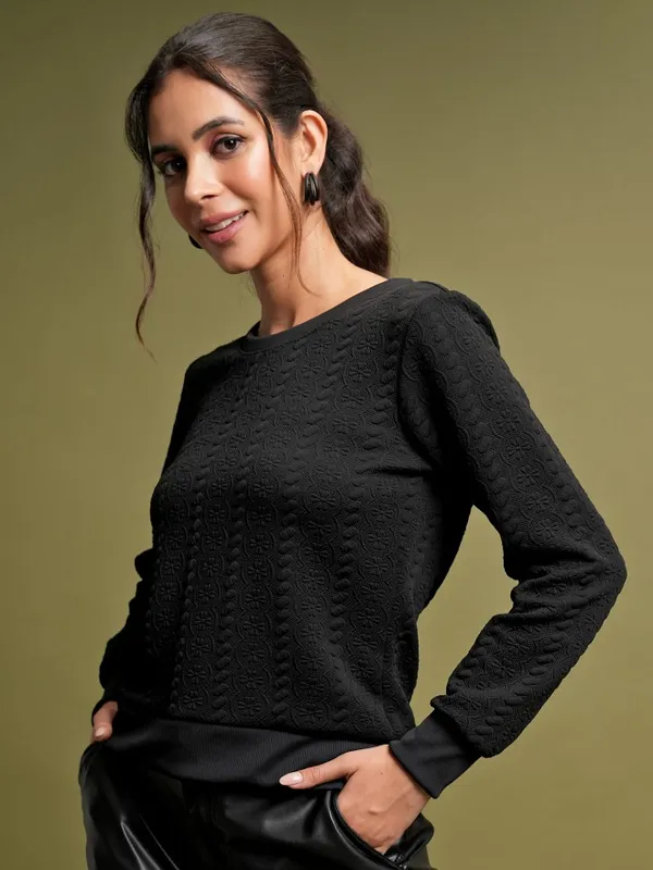  Tokyo Talkies Women Black Self Design Pullover Round Neck Sweatshirts