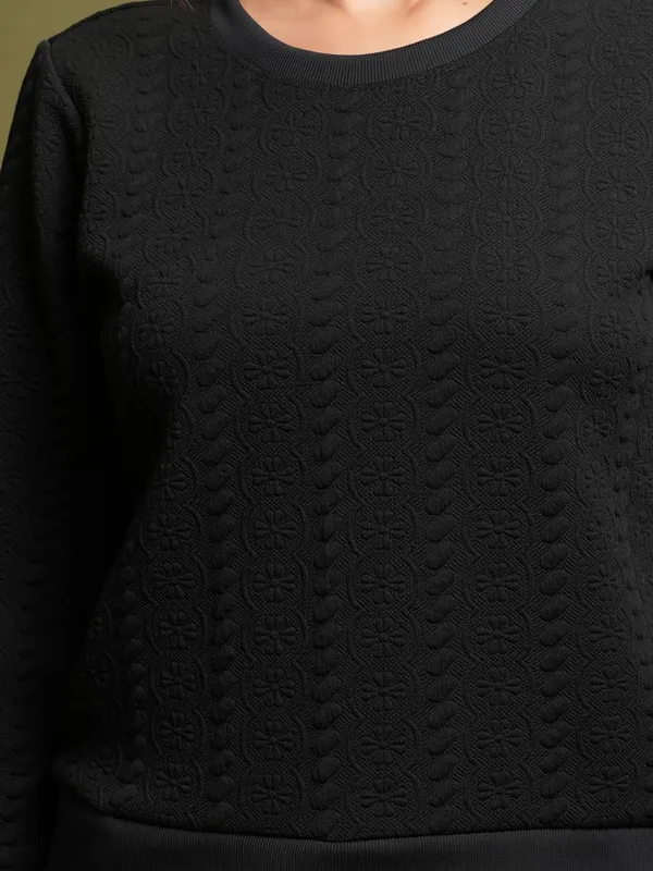  Tokyo Talkies Women Black Self Design Pullover Round Neck Sweatshirts