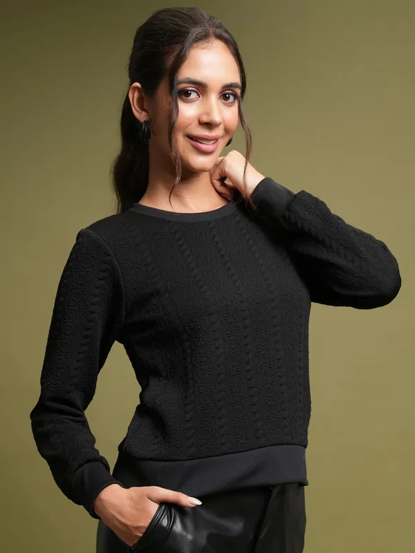  Tokyo Talkies Women Black Self Design Pullover Round Neck Sweatshirts