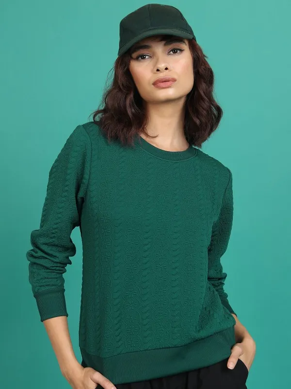 Tokyo Talkies Women Green Solid Pullover Round Neck Sweatshirts