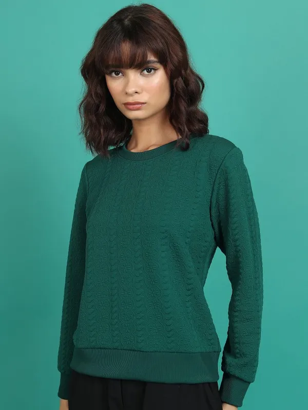  Tokyo Talkies Women Green Solid Pullover Round Neck Sweatshirts