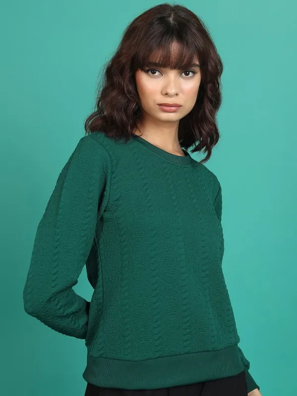  Tokyo Talkies Women Green Solid Pullover Round Neck Sweatshirts
