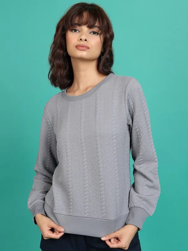  Tokyo Talkies Women Grey Solid Pullover Round Neck Sweatshirts