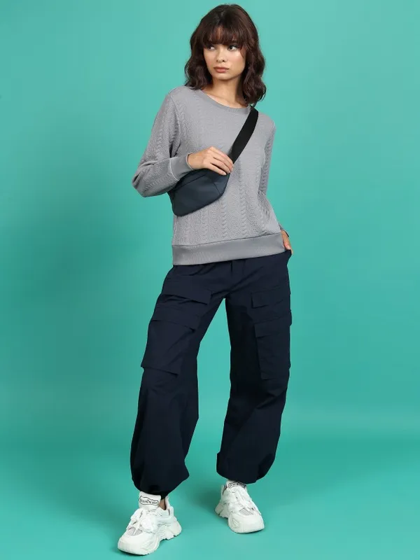  Tokyo Talkies Women Grey Solid Pullover Round Neck Sweatshirts