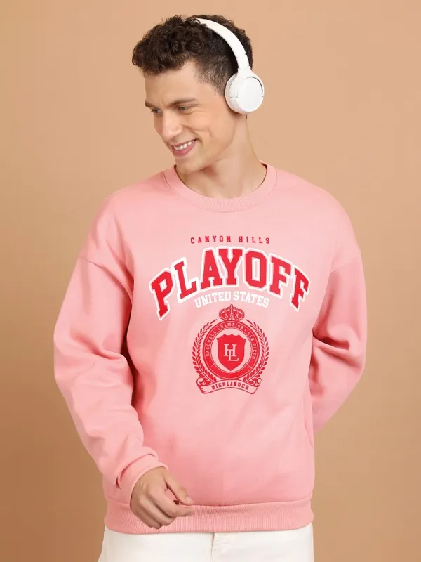  Highlander Men Pink Round Neck Pullover Sweatshirts