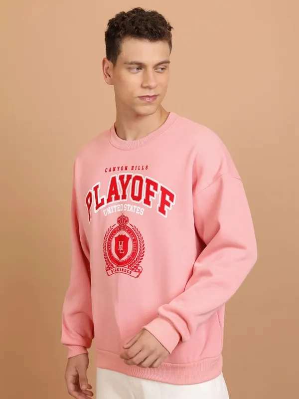  Highlander Men Pink Round Neck Pullover Sweatshirts