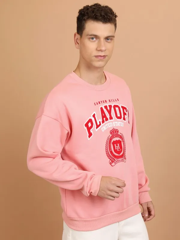  Highlander Men Pink Round Neck Pullover Sweatshirts