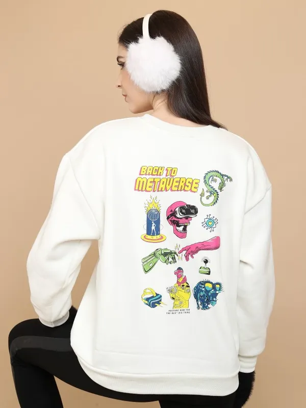  Tokyo Talkies Women White Printed Pullover Round Neck Sweatshirts