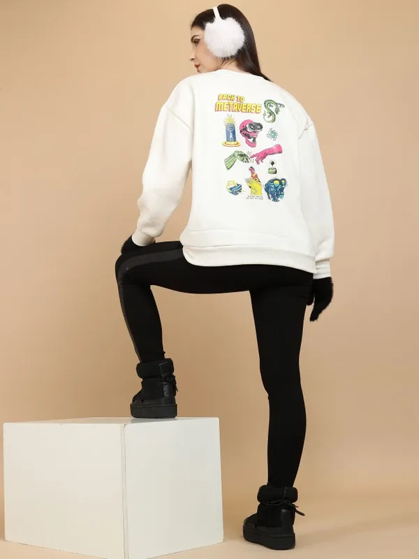  Tokyo Talkies Women White Printed Pullover Round Neck Sweatshirts
