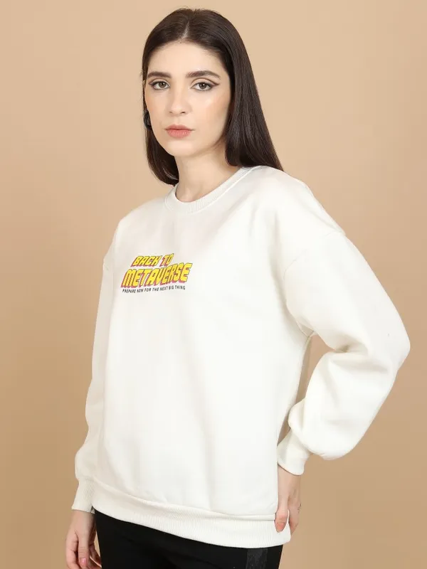  Tokyo Talkies Women White Printed Pullover Round Neck Sweatshirts