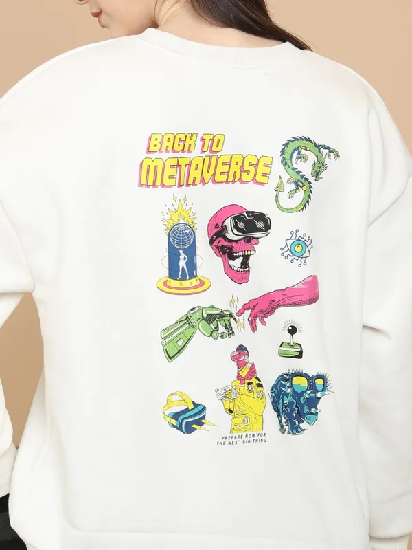  Tokyo Talkies Women White Printed Pullover Round Neck Sweatshirts