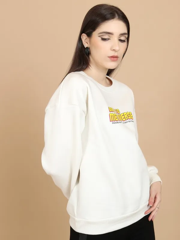  Tokyo Talkies Women White Printed Pullover Round Neck Sweatshirts