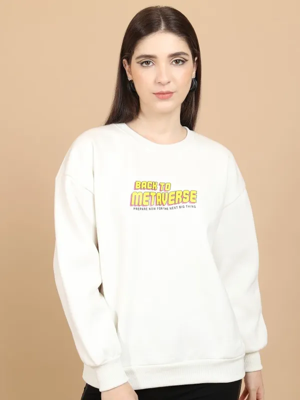  Tokyo Talkies Women White Printed Pullover Round Neck Sweatshirts
