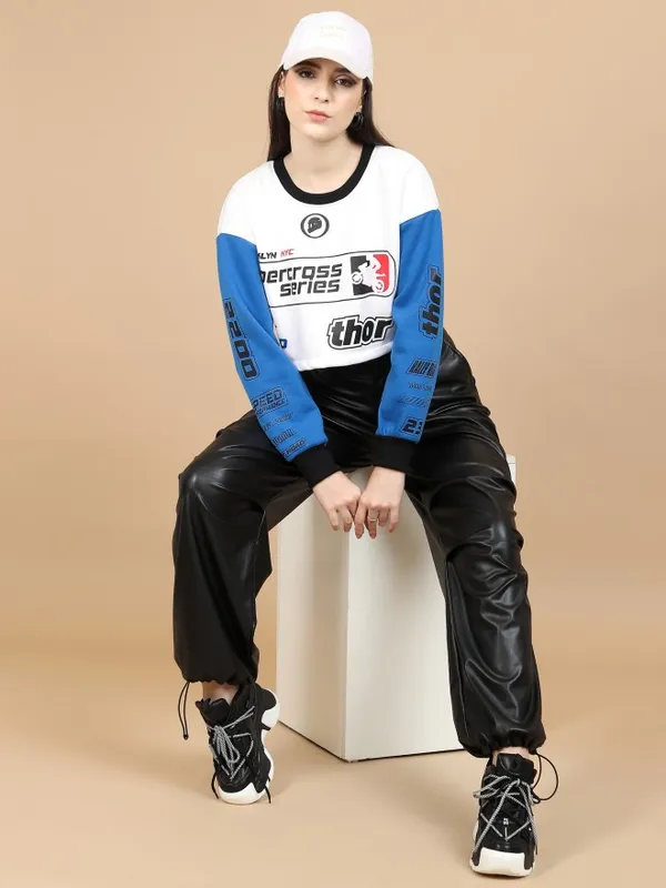  Tokyo Talkies Women White Printed Pullover Round Neck Sweatshirts