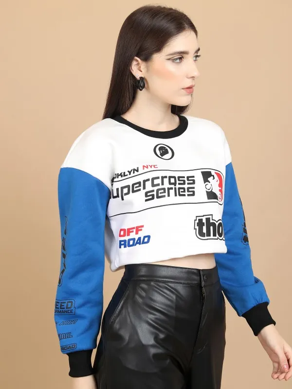  Tokyo Talkies Women White Printed Pullover Round Neck Sweatshirts