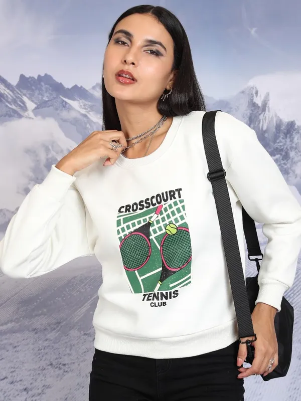  Tokyo Talkies Women Off White Printed Pullover Round Neck Sweatshirts