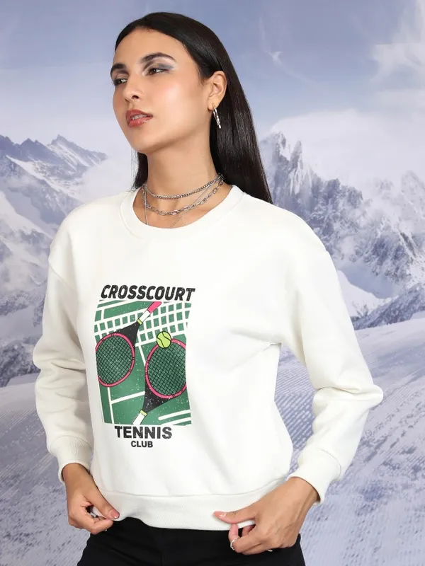  Tokyo Talkies Women Off White Printed Pullover Round Neck Sweatshirts