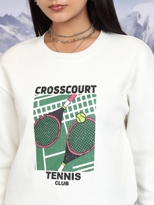  Tokyo Talkies Women Off White Printed Pullover Round Neck Sweatshirts