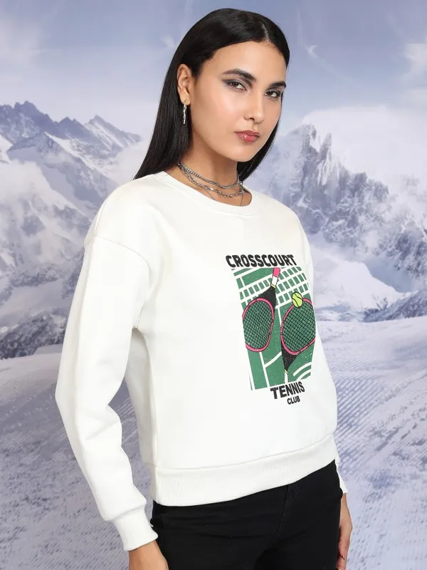  Tokyo Talkies Women Off White Printed Pullover Round Neck Sweatshirts