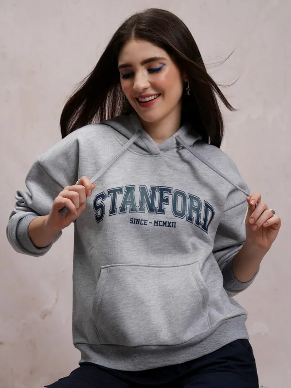  Tokyo Talkies Women Grey Printed Pullover Hood Sweatshirts