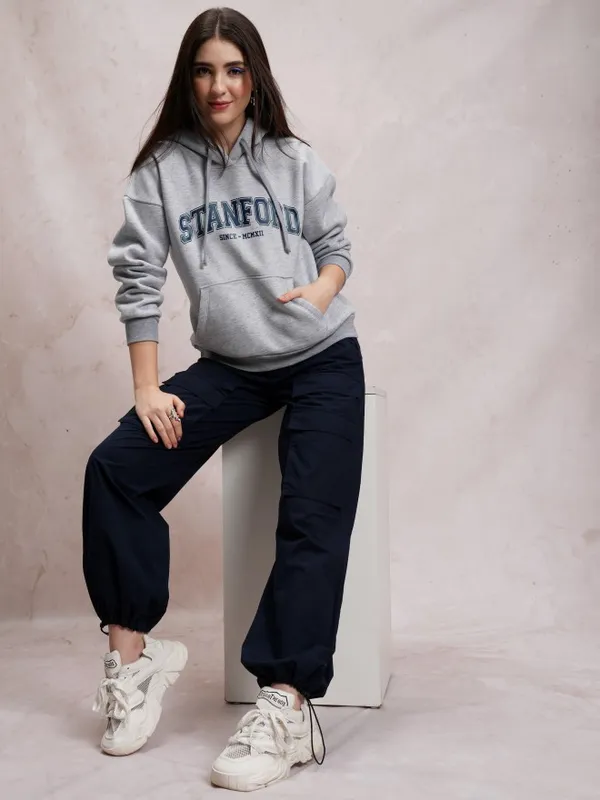  Tokyo Talkies Women Grey Printed Pullover Hood Sweatshirts