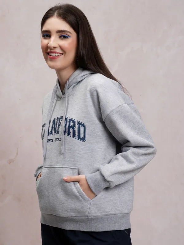  Tokyo Talkies Women Grey Printed Pullover Hood Sweatshirts