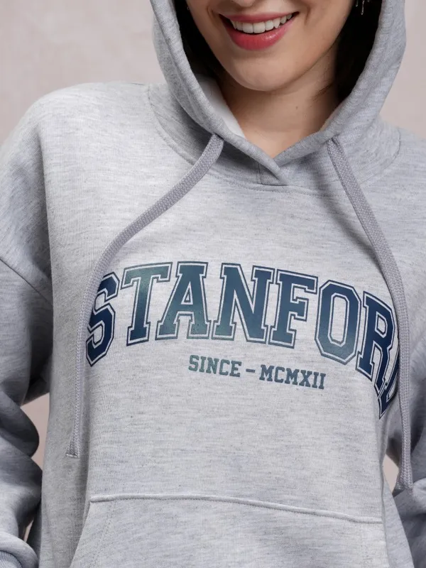  Tokyo Talkies Women Grey Printed Pullover Hood Sweatshirts