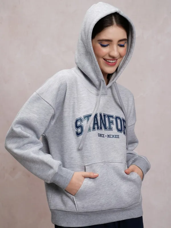  Tokyo Talkies Women Grey Printed Pullover Hood Sweatshirts