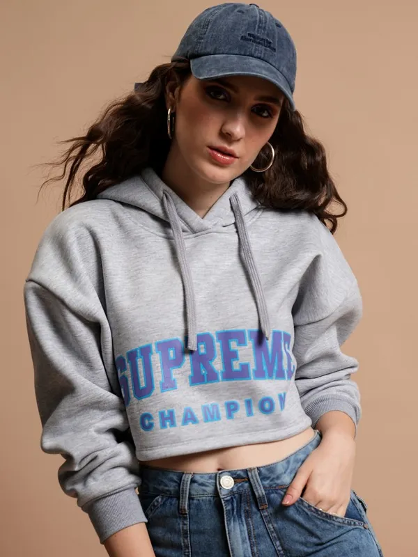  Tokyo Talkies Women Grey Printed Pullover Hood Sweatshirts