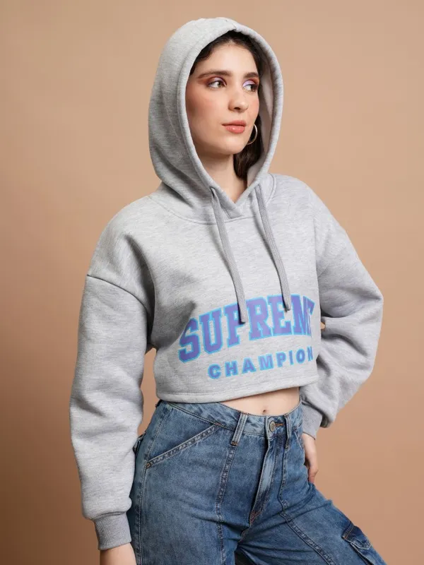  Tokyo Talkies Women Grey Printed Pullover Hood Sweatshirts