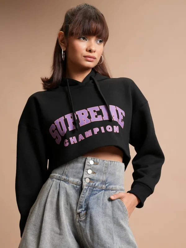  Tokyo Talkies Women Black Printed Pullover Hood Sweatshirts