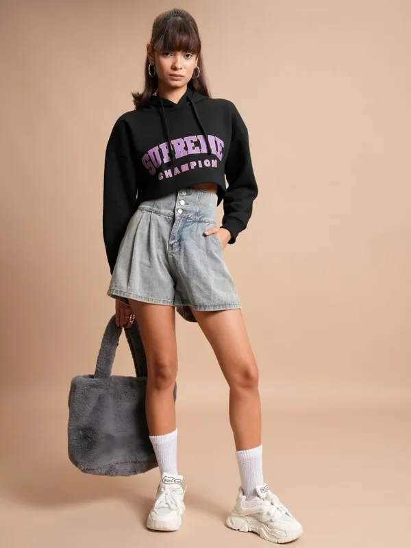  Tokyo Talkies Women Black Printed Pullover Hood Sweatshirts