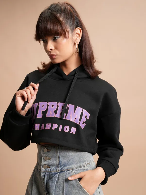  Tokyo Talkies Women Black Printed Pullover Hood Sweatshirts