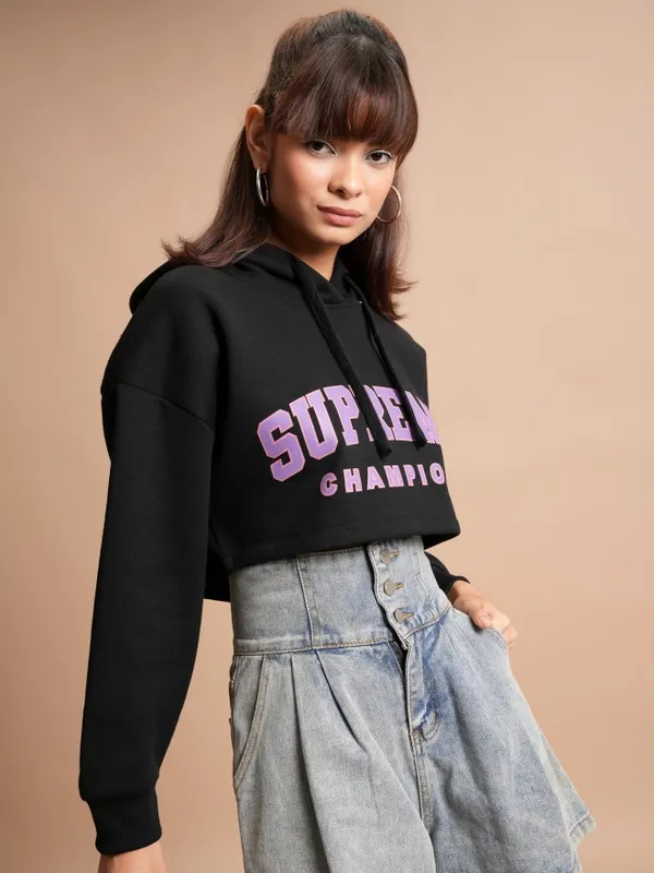  Tokyo Talkies Women Black Printed Pullover Hood Sweatshirts