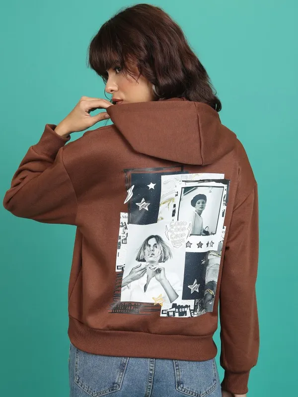  Tokyo Talkies Women Brown Printed Pullover Hood Sweatshirts