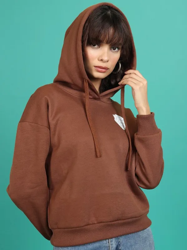  Tokyo Talkies Women Brown Printed Pullover Hood Sweatshirts