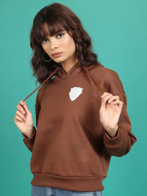  Tokyo Talkies Women Brown Printed Pullover Hood Sweatshirts