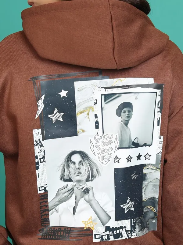  Tokyo Talkies Women Brown Printed Pullover Hood Sweatshirts