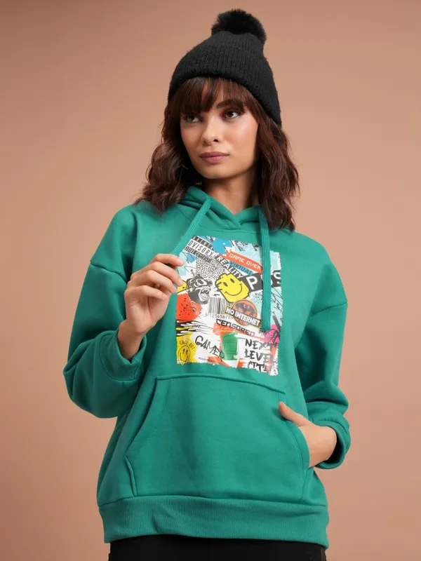  Tokyo Talkies Women Teal Printed Pullover Hood Sweatshirts