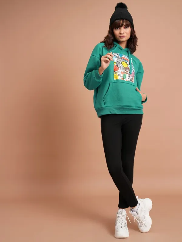  Tokyo Talkies Women Teal Printed Pullover Hood Sweatshirts