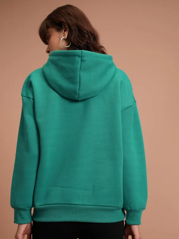  Tokyo Talkies Women Teal Printed Pullover Hood Sweatshirts