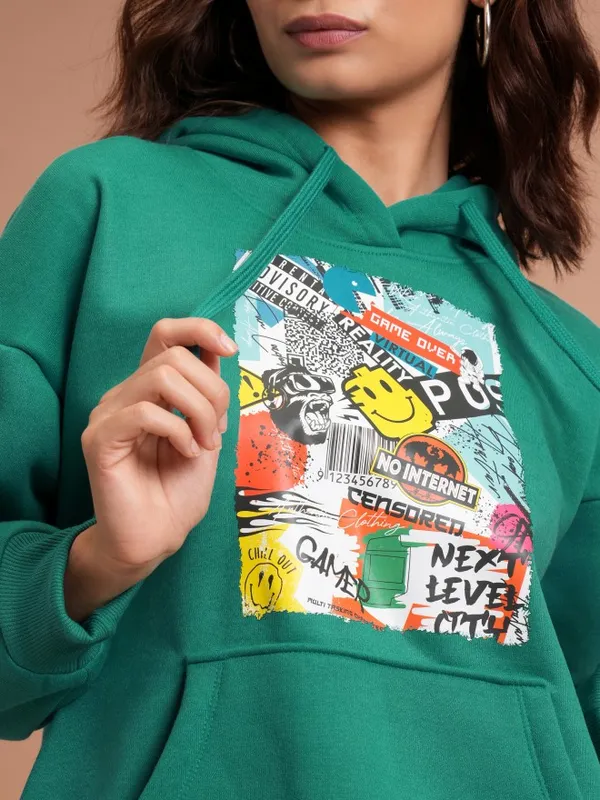  Tokyo Talkies Women Teal Printed Pullover Hood Sweatshirts