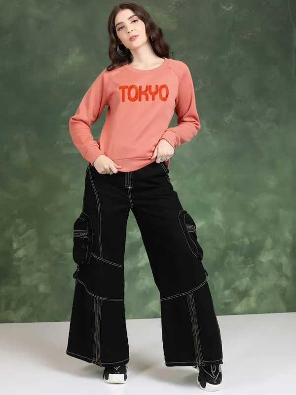  Tokyo Talkies Women Orange Printed Pullover Round Neck Sweatshirts