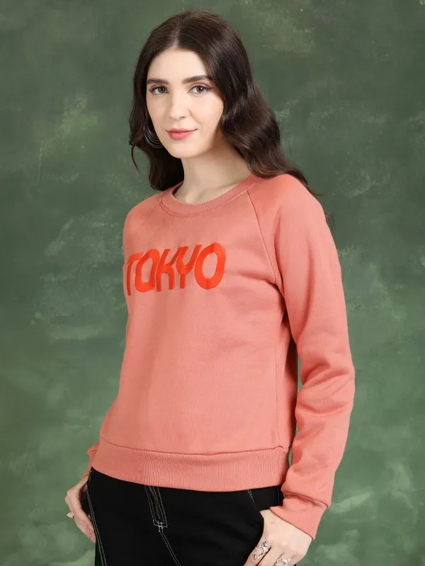  Tokyo Talkies Women Orange Printed Pullover Round Neck Sweatshirts